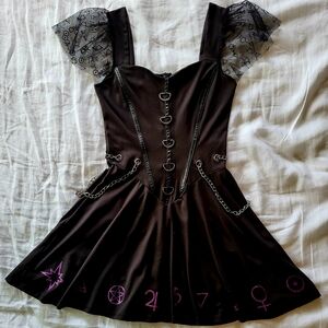 Black Gothic Metal Mini Dress w/ Purple Alchemical Symbols & Hardware, Size S